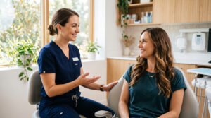Dental hygienist explaining gum health to a smiling patient in a bright modern dental operatory
