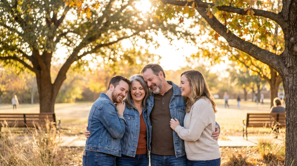 Family laughing together outdoors in a Texas park, an image of healthy smiles and preventive dental care